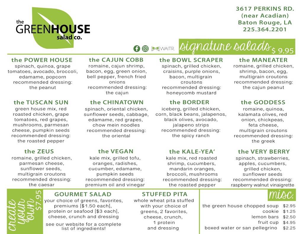 The Green House Salad Co. | restaurant | 3617 Perkins Rd Suite 1F, Baton Rouge, LA 70808, USA | 2253612204 OR +1 225-361-2204