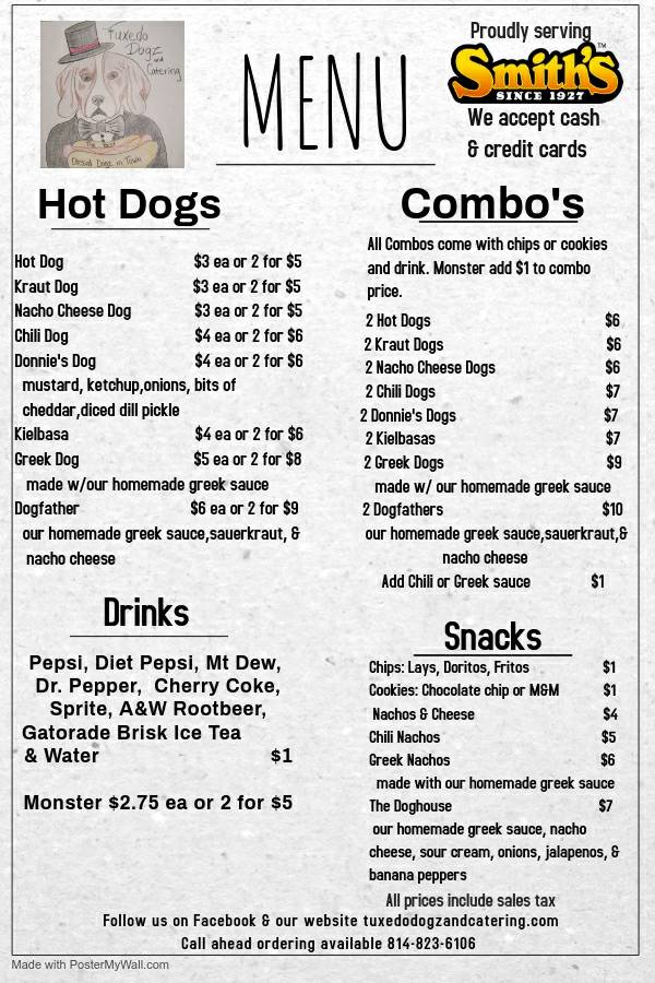 Tuxedo Dogz and Catering | meal takeaway | 2976 Clark Rd Apt 2, Erie, PA 16510, USA | 8148236106 OR +1 814-823-6106