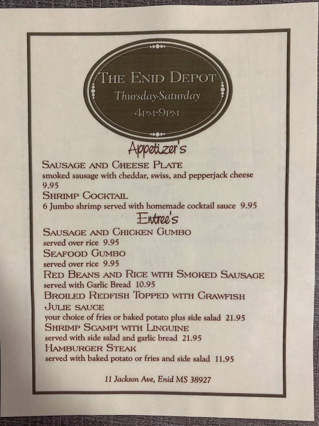 The Enid Depot | restaurant | 1027 Jackson Ave, Enid, MS 38927, USA | 6626239485 OR +1 662-623-9485