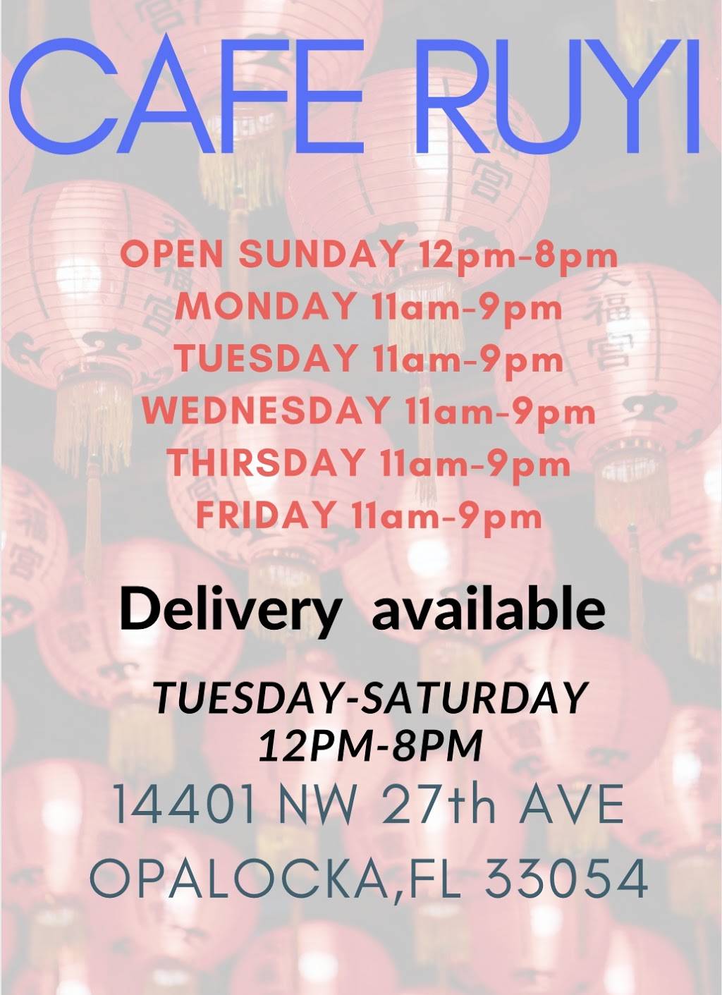 Cafe Ruyi Chinese Food Restaurant 14401 NW 27th Ave, Opalocka, FL