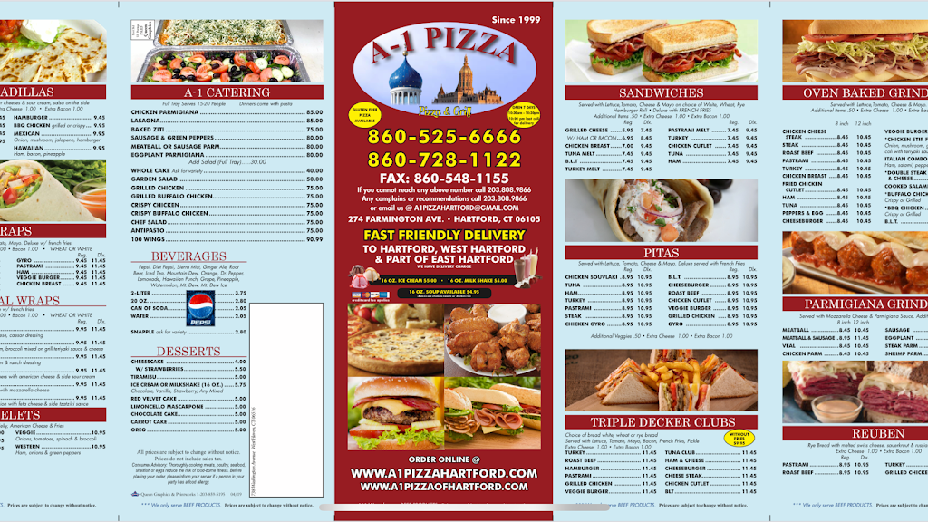 A-1 Pizza | meal delivery | 274 Farmington Ave, Hartford, CT 06105, USA | 8605256666 OR +1 860-525-6666
