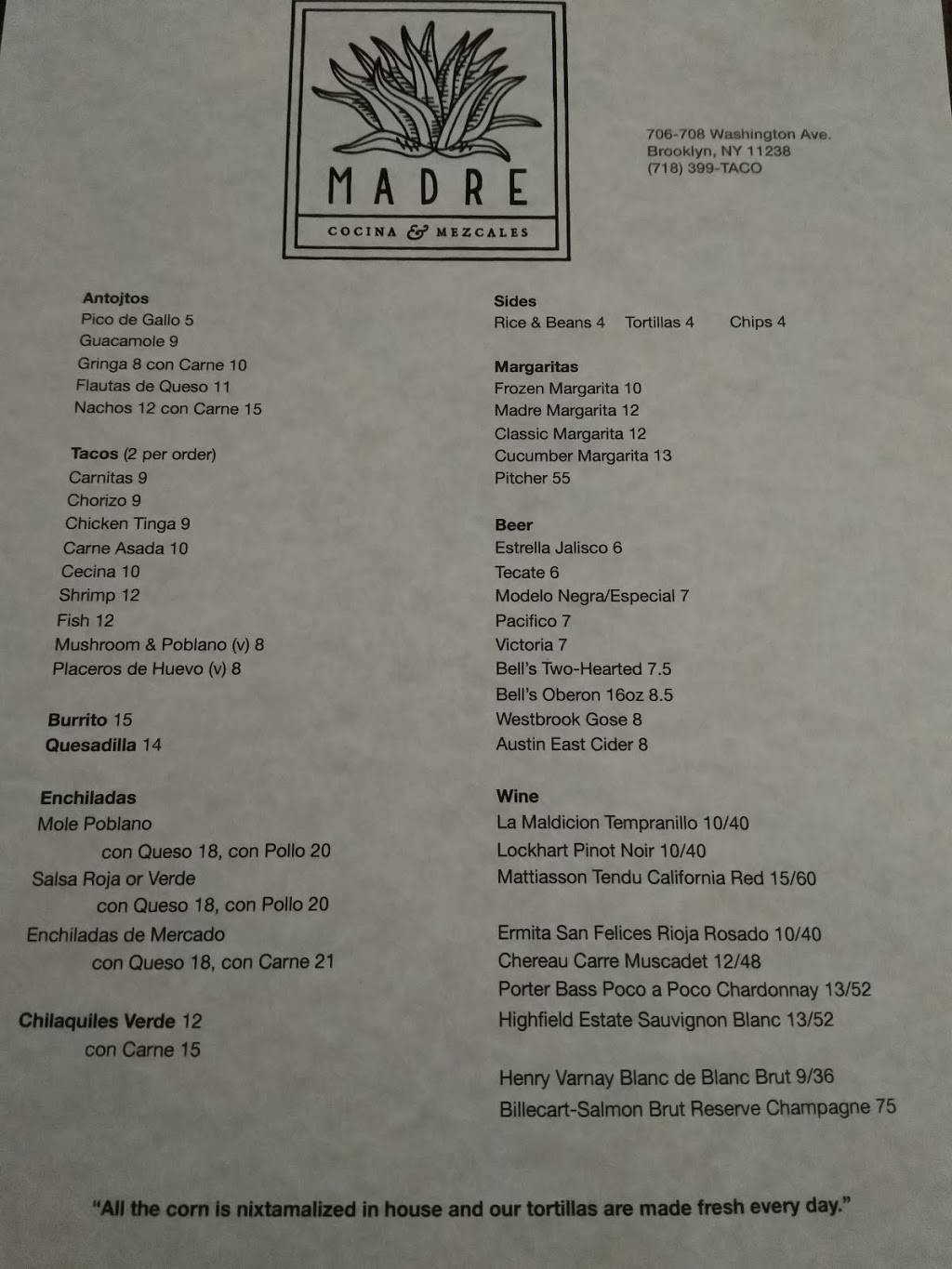 Madre Cocina & Mezcales | restaurant | 706 Washington Ave, Brooklyn, NY 11238, USA | 7183998226 OR +1 718-399-8226