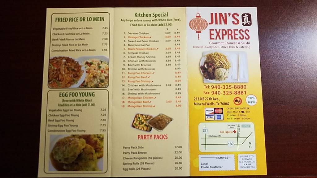 Jins Express | restaurant | 213 NE 27th Ave, Mineral Wells, TX 76067, USA | 9403258880 OR +1 940-325-8880