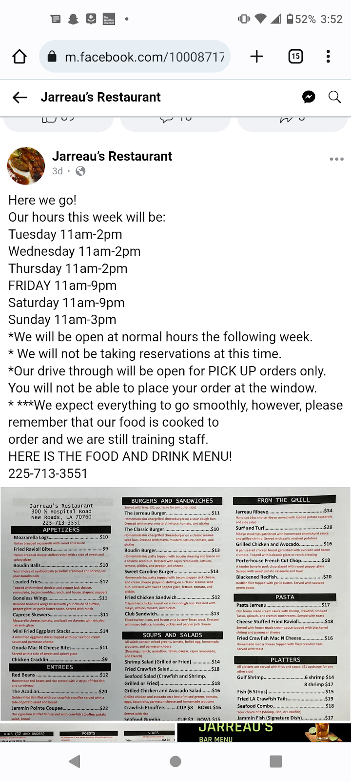 Jarreaus Restaurant | restaurant | 300 1/2 Hospital Rd, New Roads, LA 70760, USA | 2257133551 OR +1 225-713-3551