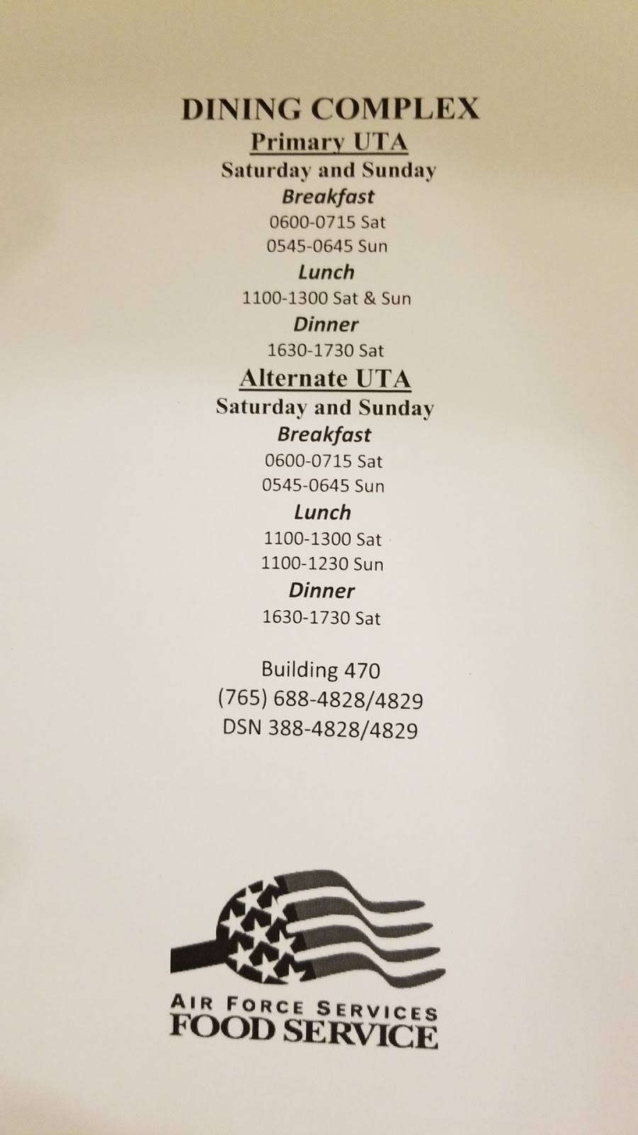 Air Force Dining Facility | restaurant | 521026400003000017, Peru, IN 46970, USA | 7656884828 OR +1 765-688-4828