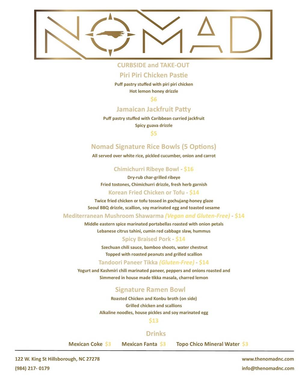 Nomad | restaurant | 122 W King St, Hillsborough, NC 27278, USA | 9842170179 OR +1 984-217-0179