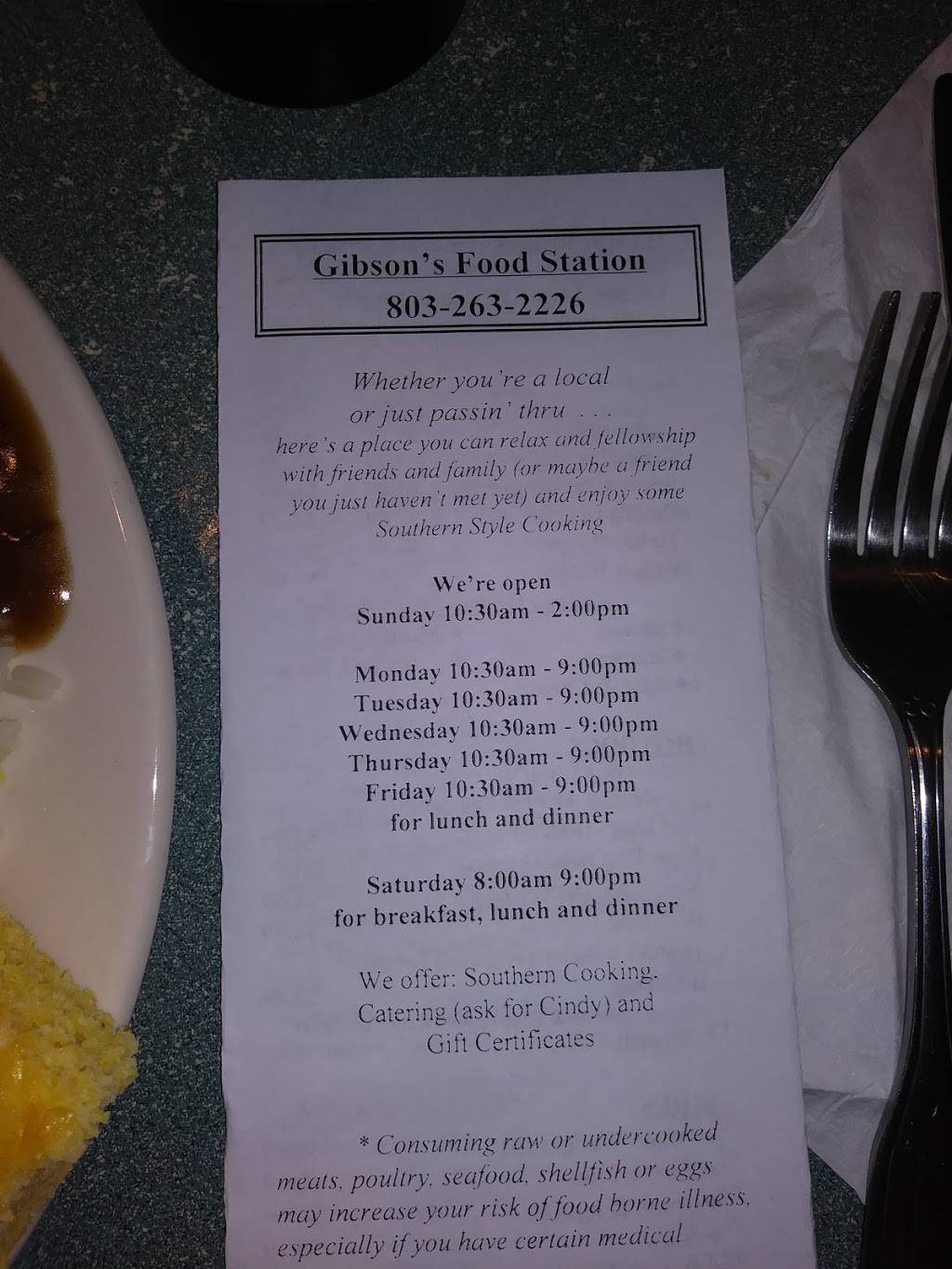 Gibsons Food Station | restaurant | 8291 Savannah Hwy, Norway, SC 29113, USA