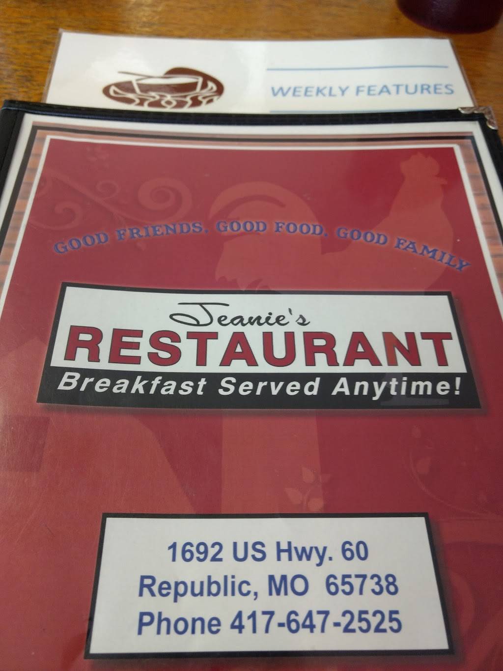 Jeanies Restaurant | restaurant | 1692 US-60 E, Republic, MO 65738, USA | 4176472525 OR +1 417-647-2525