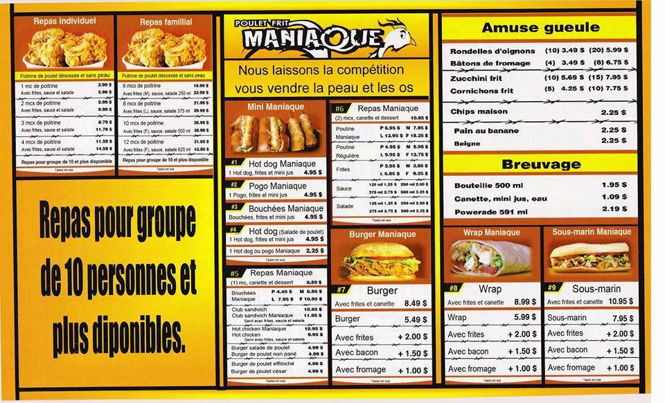 Poulet Frit Maniaque | restaurant | 456 Boulevard Gréber, Gatineau, QC J8T 6C7, Canada | 8195256111 OR +1 819-525-6111