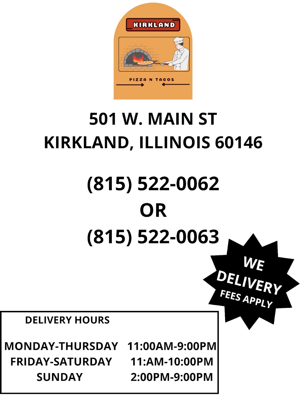 Kirkland Pizza & Tacos Place | 501 Main St, Kirkland, IL 60146, USA