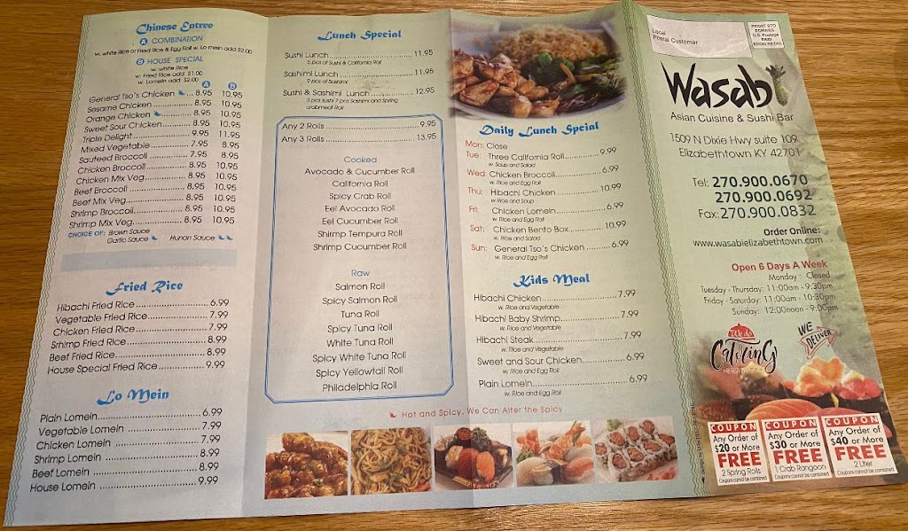 Wasabi Asian Cuisine and Sushi Bar | restaurant | 1509 N Dixie Hwy, Elizabethtown, KY 42701, USA | 2709000670 OR +1 270-900-0670