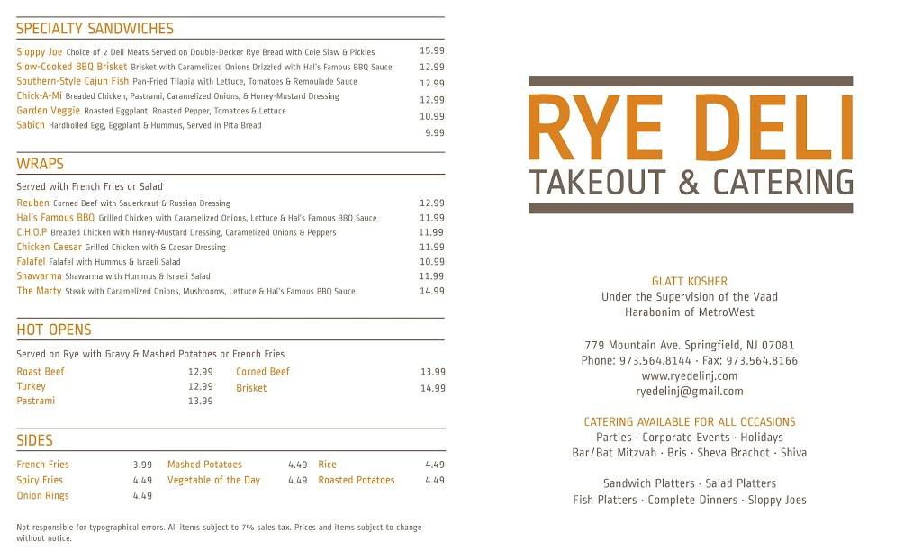 Rye Deli & Catering | restaurant | 779 Mountain Ave, Springfield Township, NJ 07081, USA | 9735648144 OR +1 973-564-8144