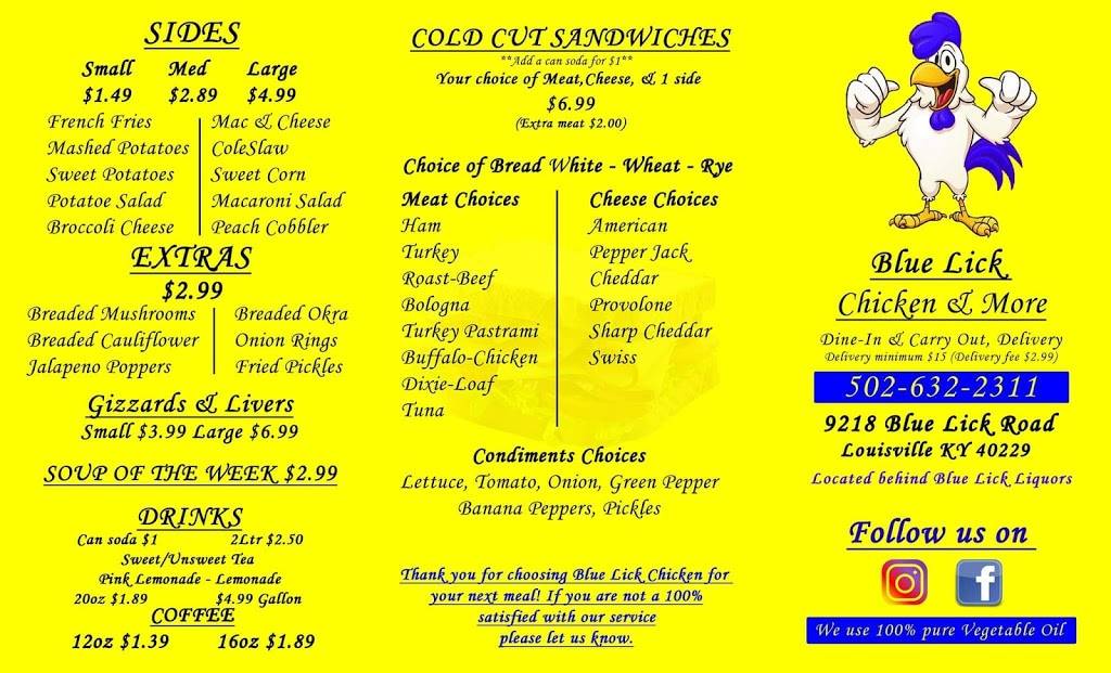 Blue Lick Chicken & More | restaurant | 9218 Blue Lick Rd, Louisville, KY 40229, USA | 5026322311 OR +1 502-632-2311