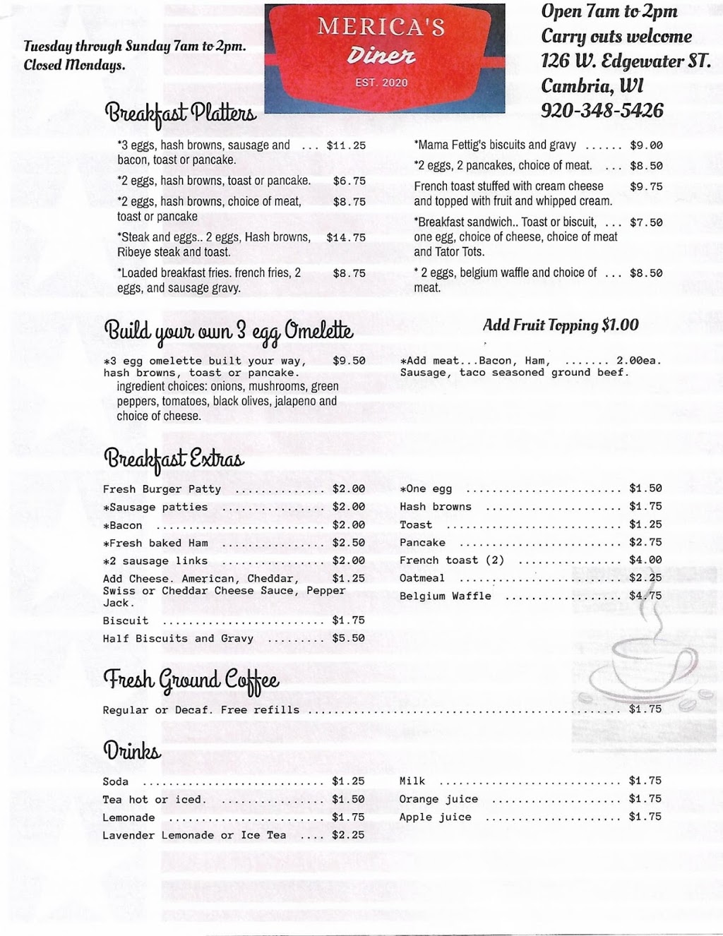 Mericas Diner | restaurant | 126 W Edgewater St, Cambria, WI 53923, USA | 9203485426 OR +1 920-348-5426