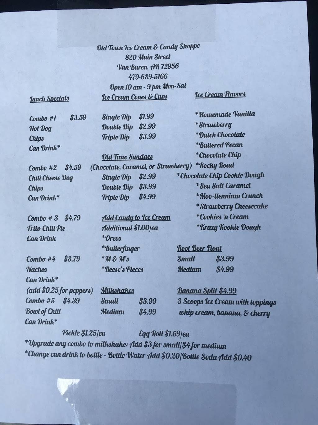 Old Town Ice Cream & Candy Shoppe | restaurant | 820 E Main St, Van Buren, AR 72956, USA | 4796895166 OR +1 479-689-5166