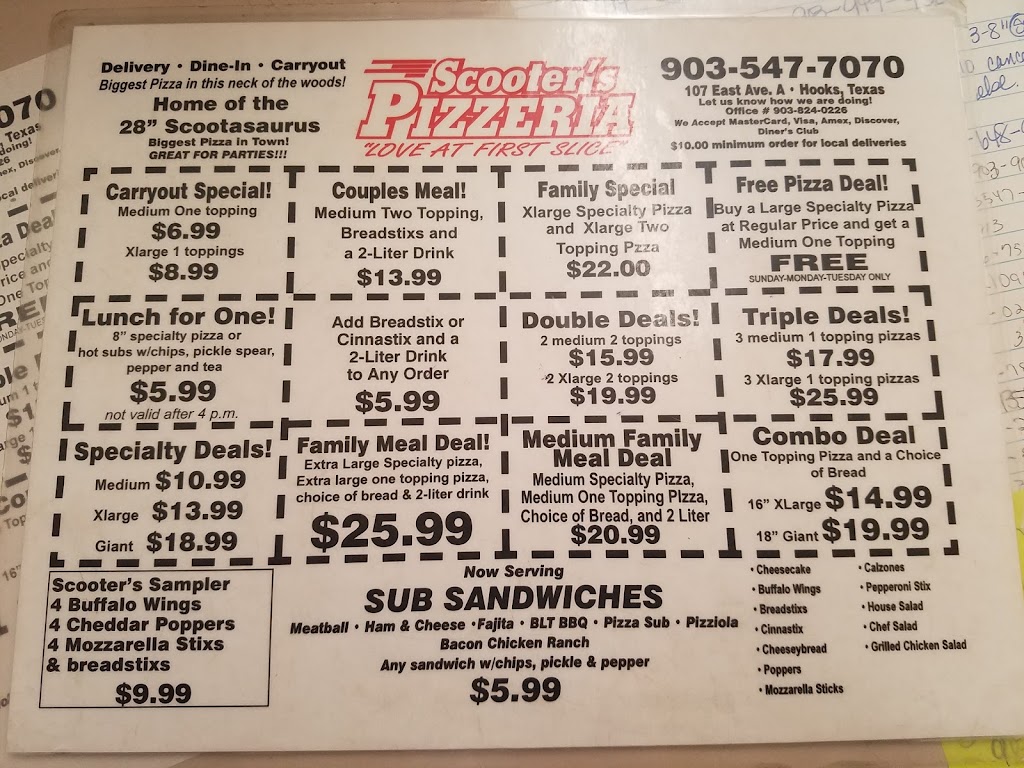 Scooters Pizzeria | meal delivery | 107 E Ave A, Hooks, TX 75561, USA | 9035477070 OR +1 903-547-7070