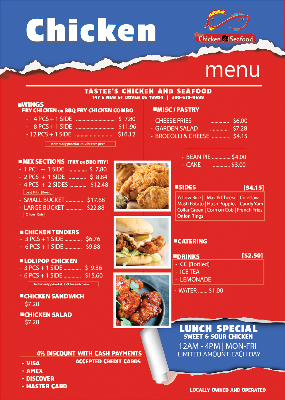 Tastees Chicken and Seafood | restaurant | 147 S New St, Dover, DE 19901, USA | 3026720599 OR +1 302-672-0599