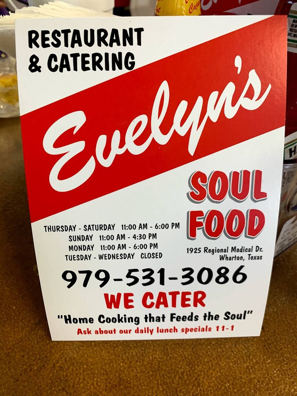 Evelyn’s Soulfood | restaurant | 1925 Regional Medical Dr, Wharton, TX 77488, USA | 9795313086 OR +1 979-531-3086