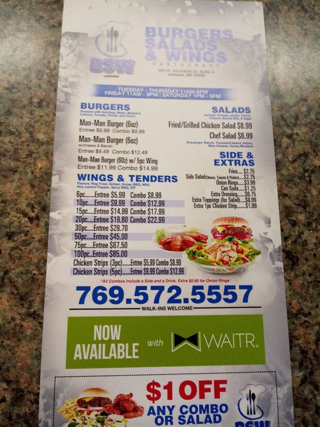 Bsw Burger, Salads, Wings | meal delivery | 385 W Northside Dr, Jackson, MS 39206, USA | 7695725557 OR +1 769-572-5557