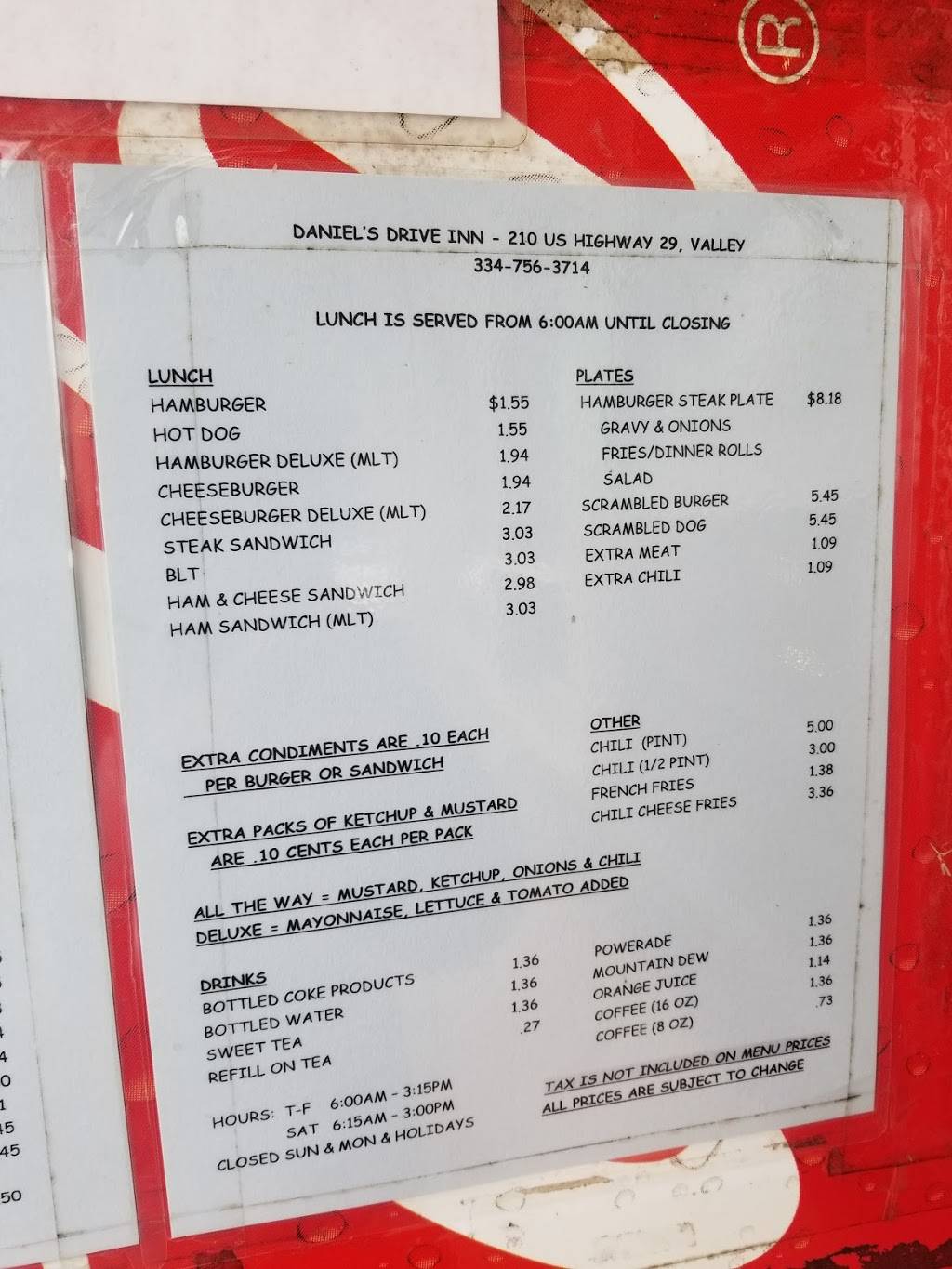 Daniels Drive Inn | meal takeaway | 210 US-29, Valley, AL 36854, USA | 3347563714 OR +1 334-756-3714