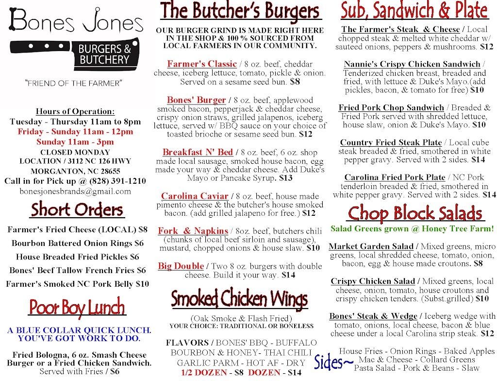 Bones Jones Burgers and Butchery | restaurant | 3221 NC-126, Morganton, NC 28655, USA | 8283911210 OR +1 828-391-1210