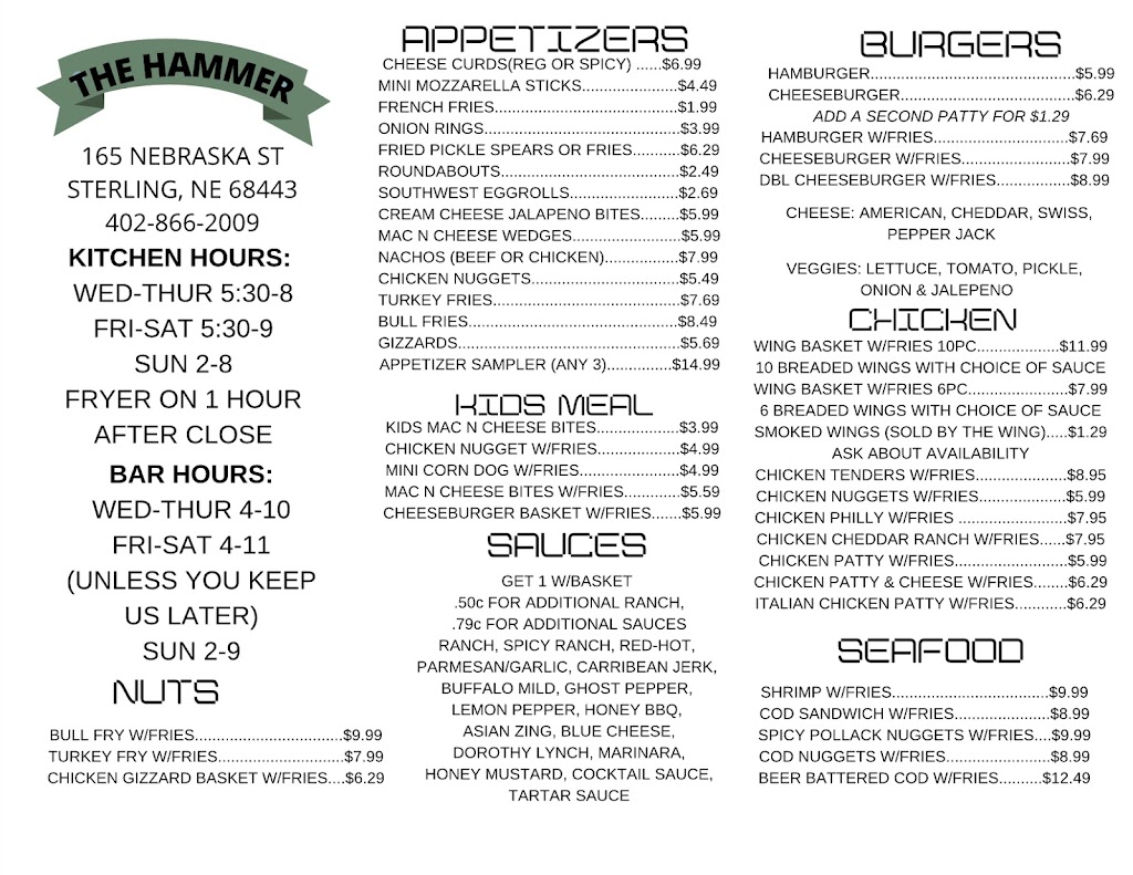 The Hammer Bar & Grill | restaurant | 165 Nebraska St, Sterling, NE 68443, USA | 4028662009 OR +1 402-866-2009
