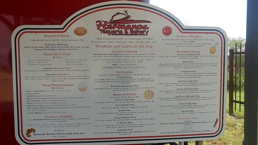 Hermanos Taqueria & Bakery | restaurant | 13838 Camino Real, Niederwald, TX 78640, USA | 5122135644 OR +1 512-213-5644