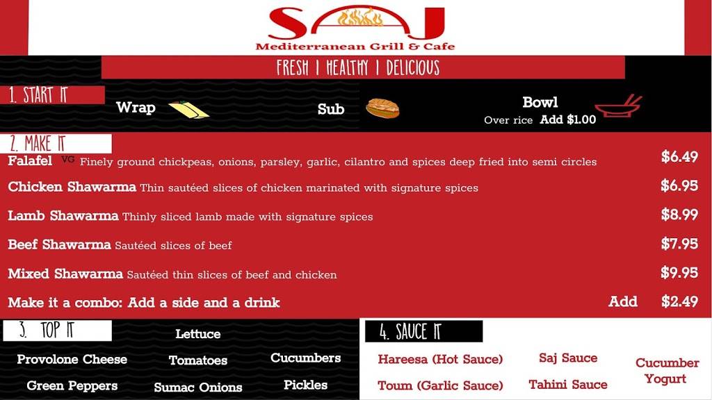 Saj Grill and Cafe | restaurant | 11915 N Tryon St Suite G, Charlotte, NC 28262, USA | 7044511113 OR +1 704-451-1113