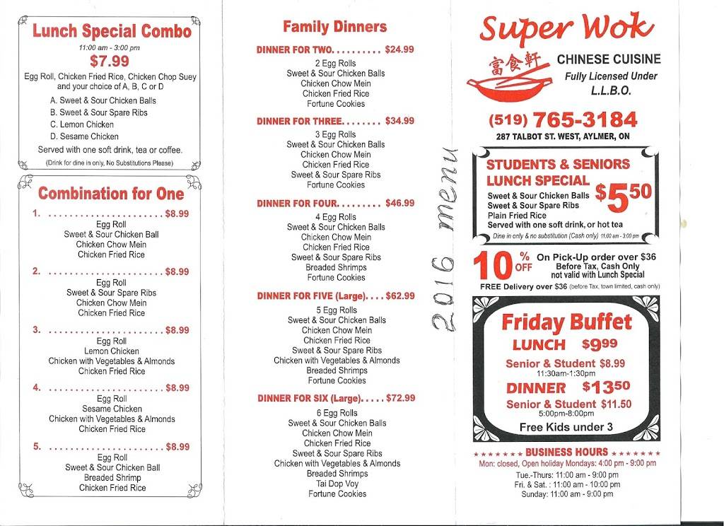Super Wok Chinese Restaurant | restaurant | 287 ON-3, Aylmer, ON N5H 1J9, Canada | 5197653184 OR +1 519-765-3184