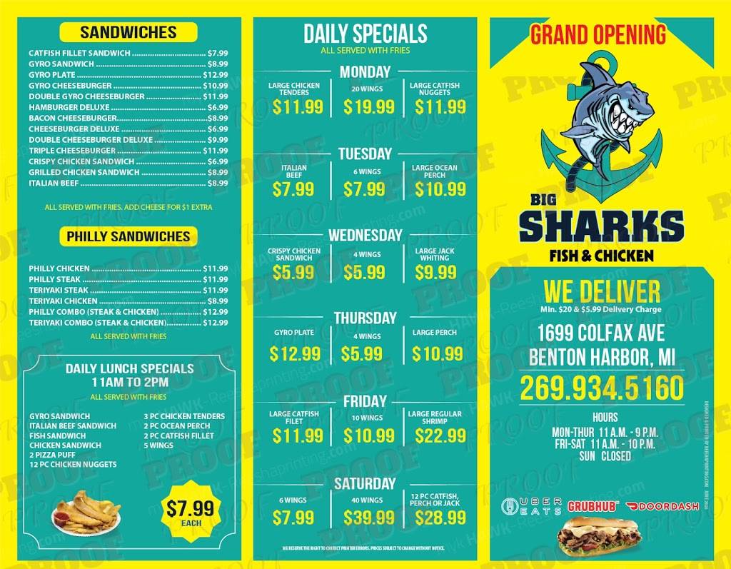 Big Sharks Fish Chicken & More | restaurant | 1699 Colfax Ave, Benton Harbor, MI 49022, USA | 2699345160 OR +1 269-934-5160