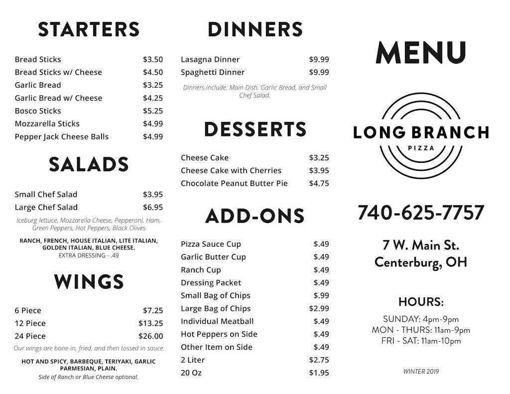 Long Branch Pizza | restaurant | 7 W Main St, Centerburg, OH 43011, USA | 7406257757 OR +1 740-625-7757