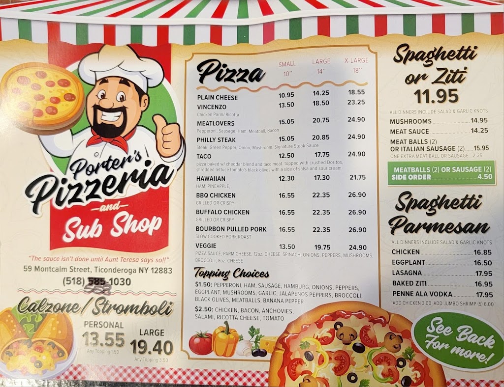 Porter’s Pizzeria and Sub Shop | restaurant | 59 Montcalm St, Ticonderoga, NY 12883, USA | 5185581030 OR +1 518-558-1030