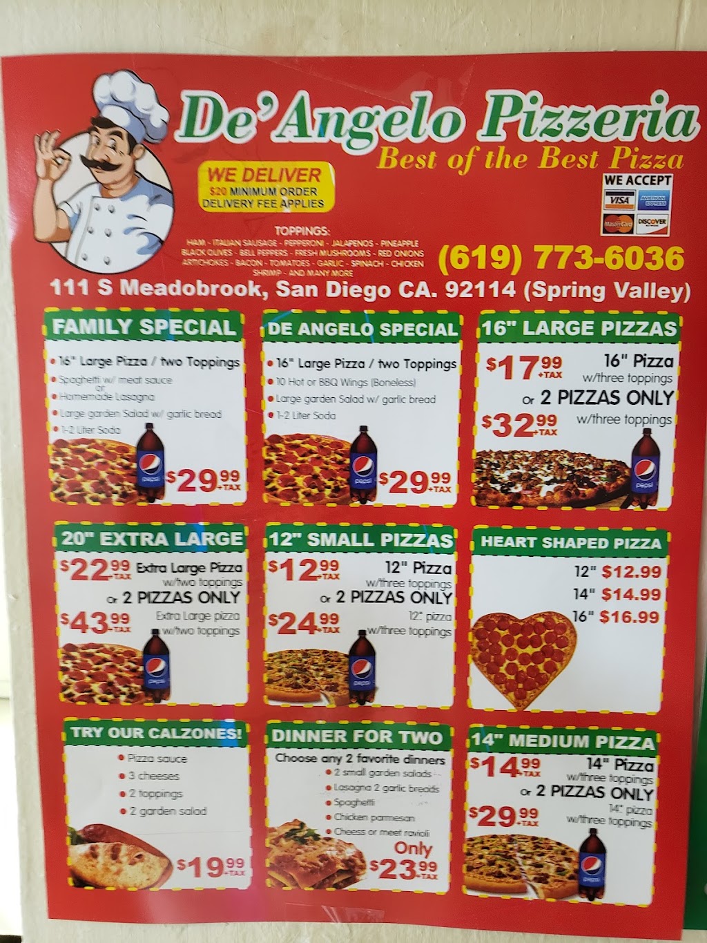 De Angelo pizzeria | restaurant | 111 S Meadowbrook Dr, San Diego, CA 92114, USA | 6197736036 OR +1 619-773-6036