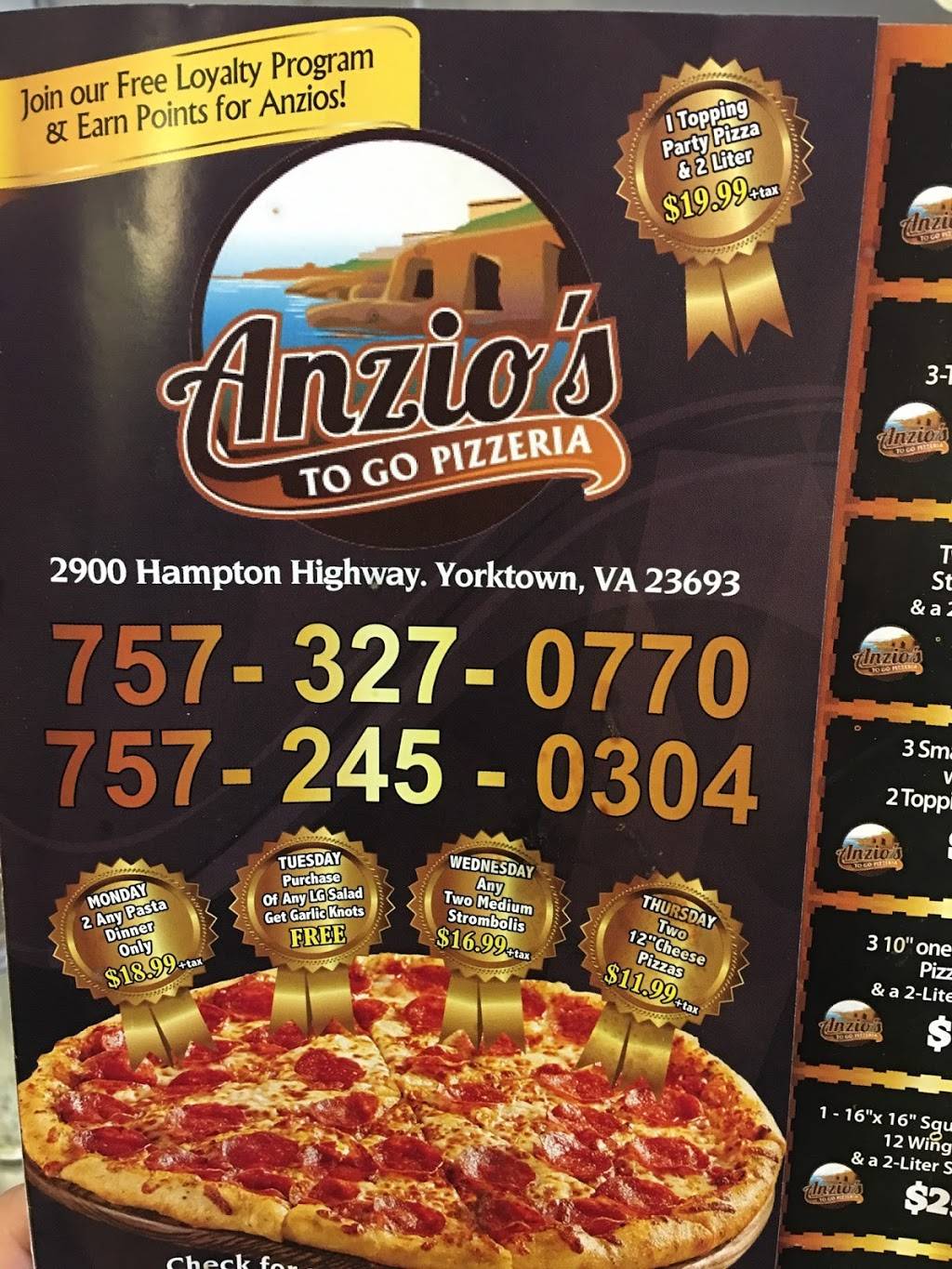 Anzios To Go | restaurant | 2900 Hampton Hwy, Yorktown, VA 23693, USA | 7573270770 OR +1 757-327-0770