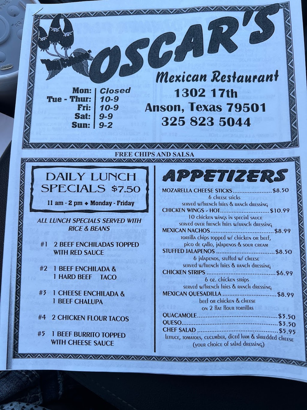 Oscars Mexican Restaurant | restaurant | 1302 17th St, Anson, TX 79501, USA | 3258235044 OR +1 325-823-5044