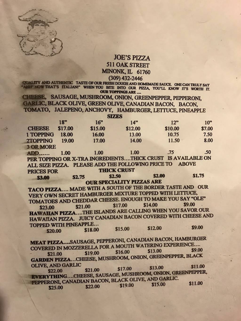 Joes Pizza | restaurant | 511 Oak St, Minonk, IL 61760, USA | 3094322446 OR +1 309-432-2446