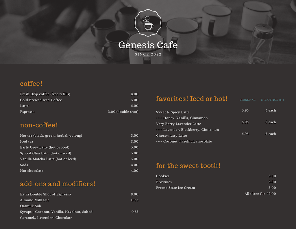 Genesis Coffee & Wine | restaurant | 8028 N Cedar Ave, Fresno, CA 93720, USA | 5592135167 OR +1 559-213-5167