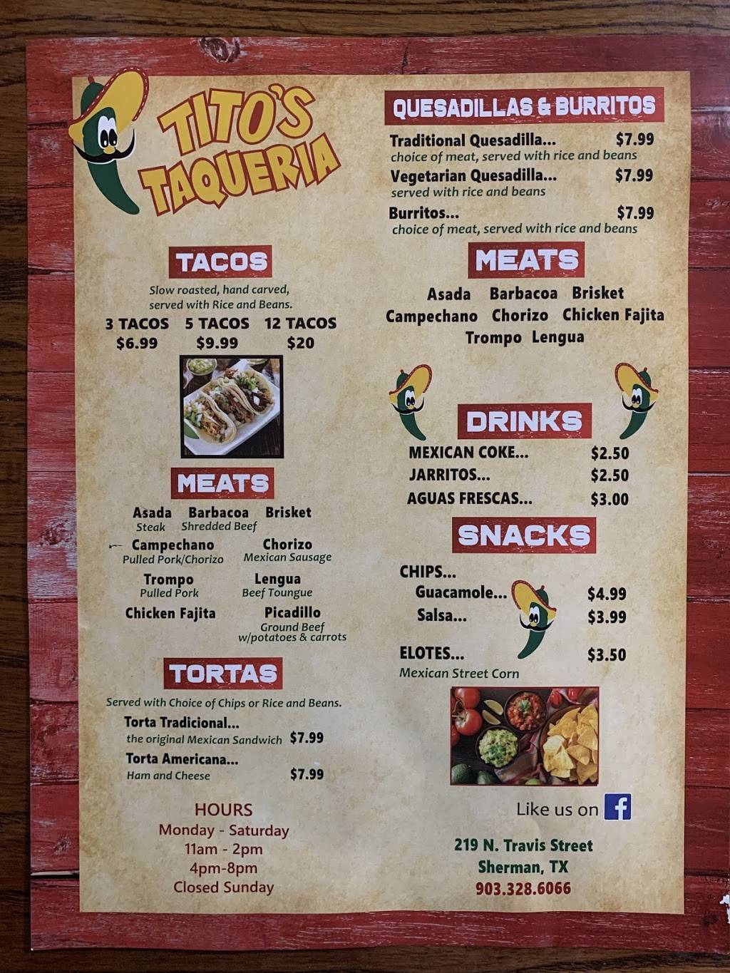 Tito’s Taqueria Restaurant | restaurant | 219 N Travis St, Sherman, TX 75092, USA | 9033286066 OR +1 903-328-6066