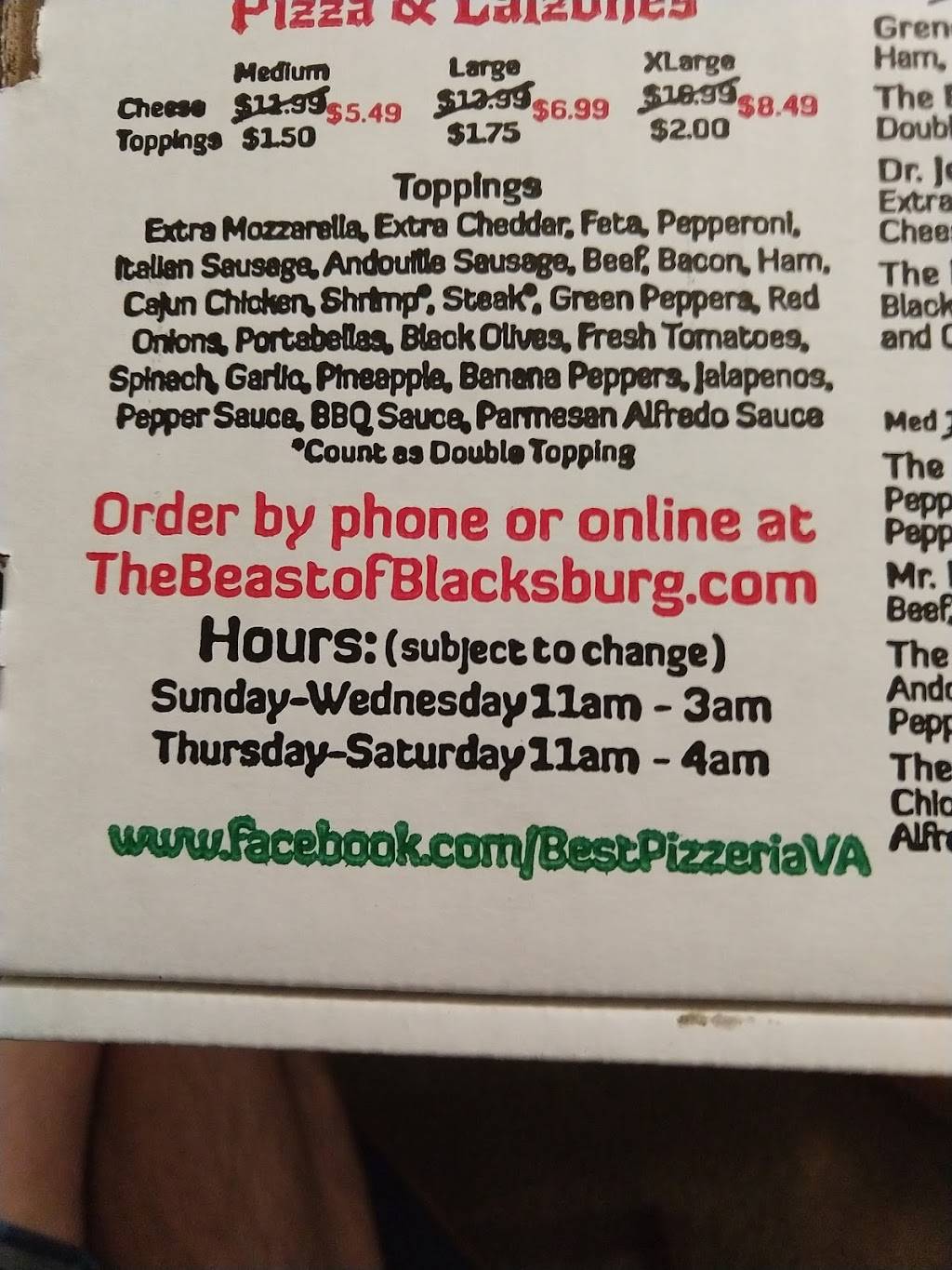 The Beast of Blacksburg | meal delivery | 860 University City Blvd # 107, Blacksburg, VA 24060, USA | 5409531975 OR +1 540-953-1975