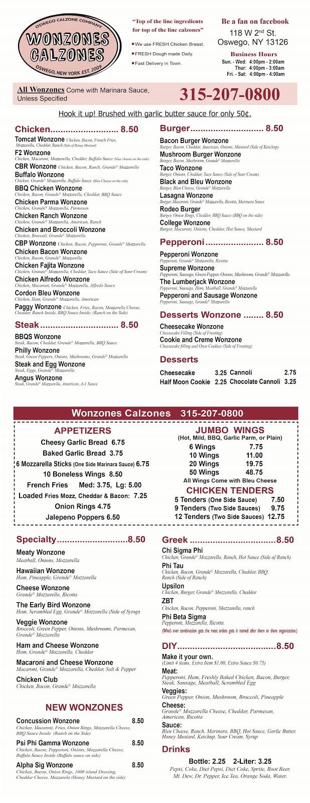 Wonzone Calzones - Meal delivery | 118 W 2nd St, Oswego, NY 13126, USA