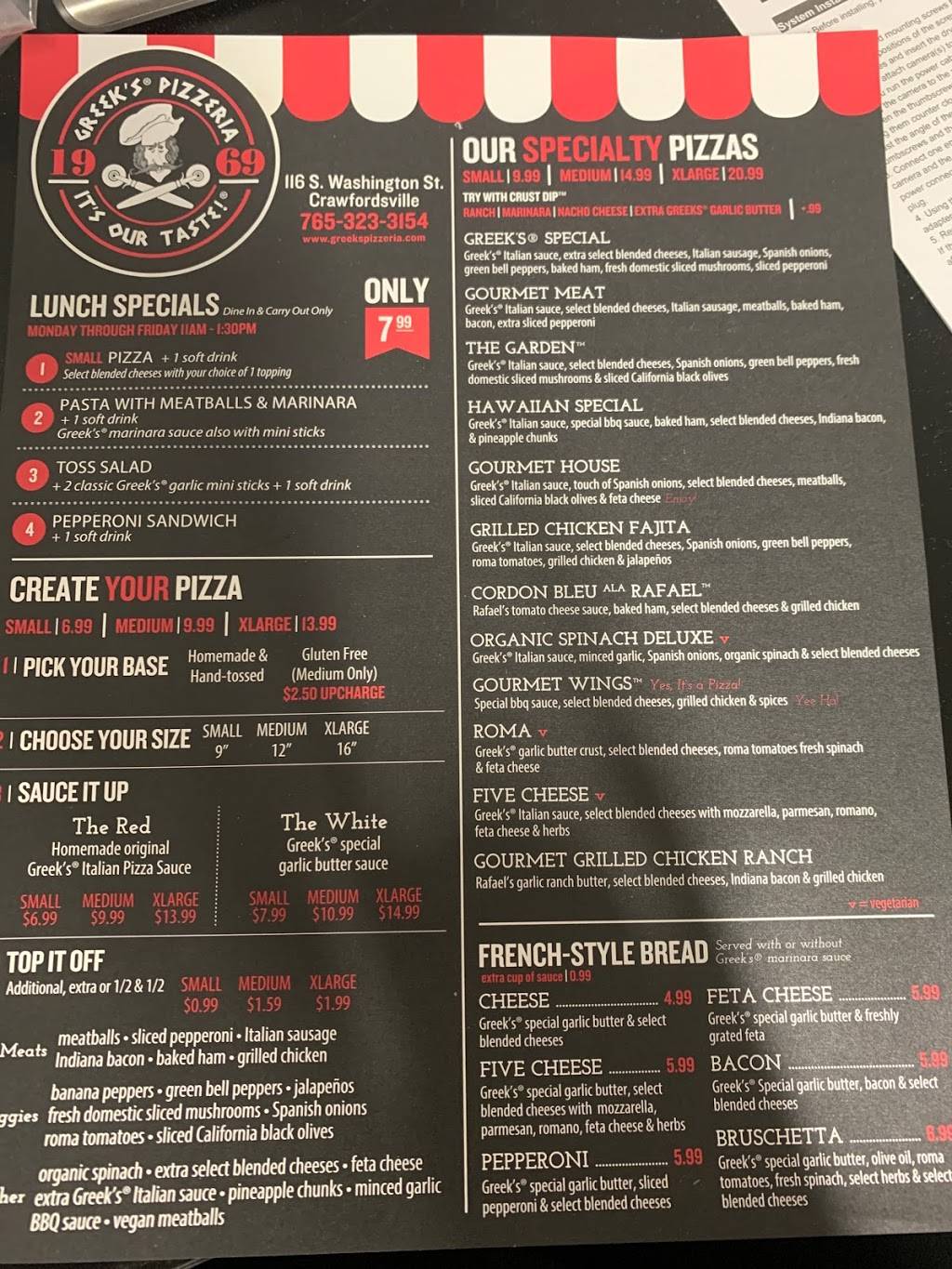 Greeks Pizzeria | restaurant | 116 N Washington St, Crawfordsville, IN 47933, USA | 7653233154 OR +1 765-323-3154