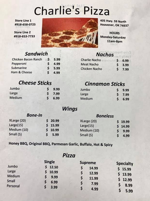 Charlie’s Pizza and More | restaurant | 405 US-59, Heavener, OK 74937, USA | 9186580725 OR +1 918-658-0725