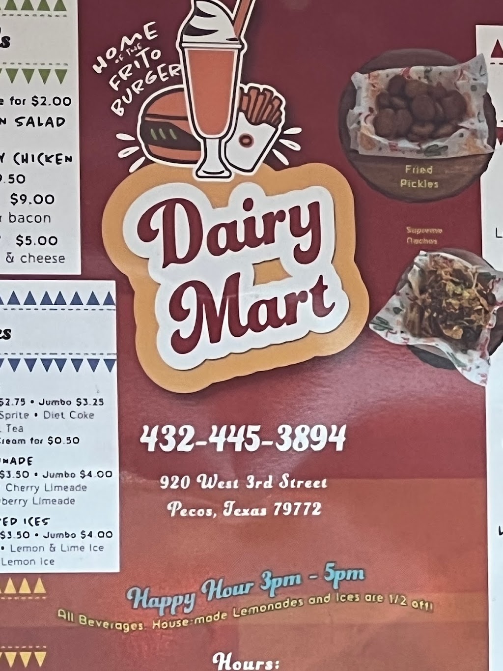 Dairy Mart | restaurant | 920 W 3rd St, Pecos, TX 79772, USA | 4324453894 OR +1 432-445-3894