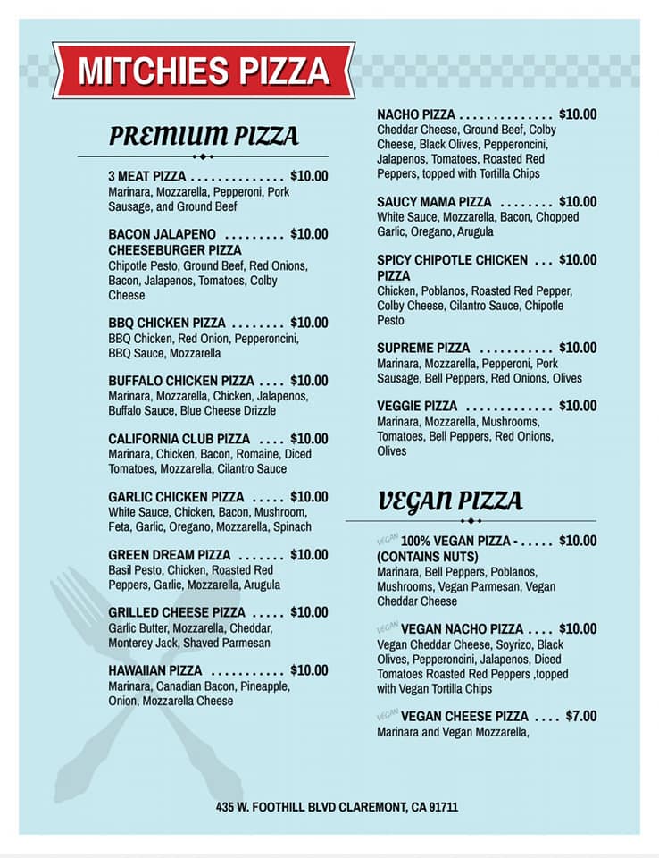 Mitchies Pizza | restaurant | 435 W Foothill Blvd Suite B, Claremont, CA 91711, USA | 9096217515 OR +1 909-621-7515