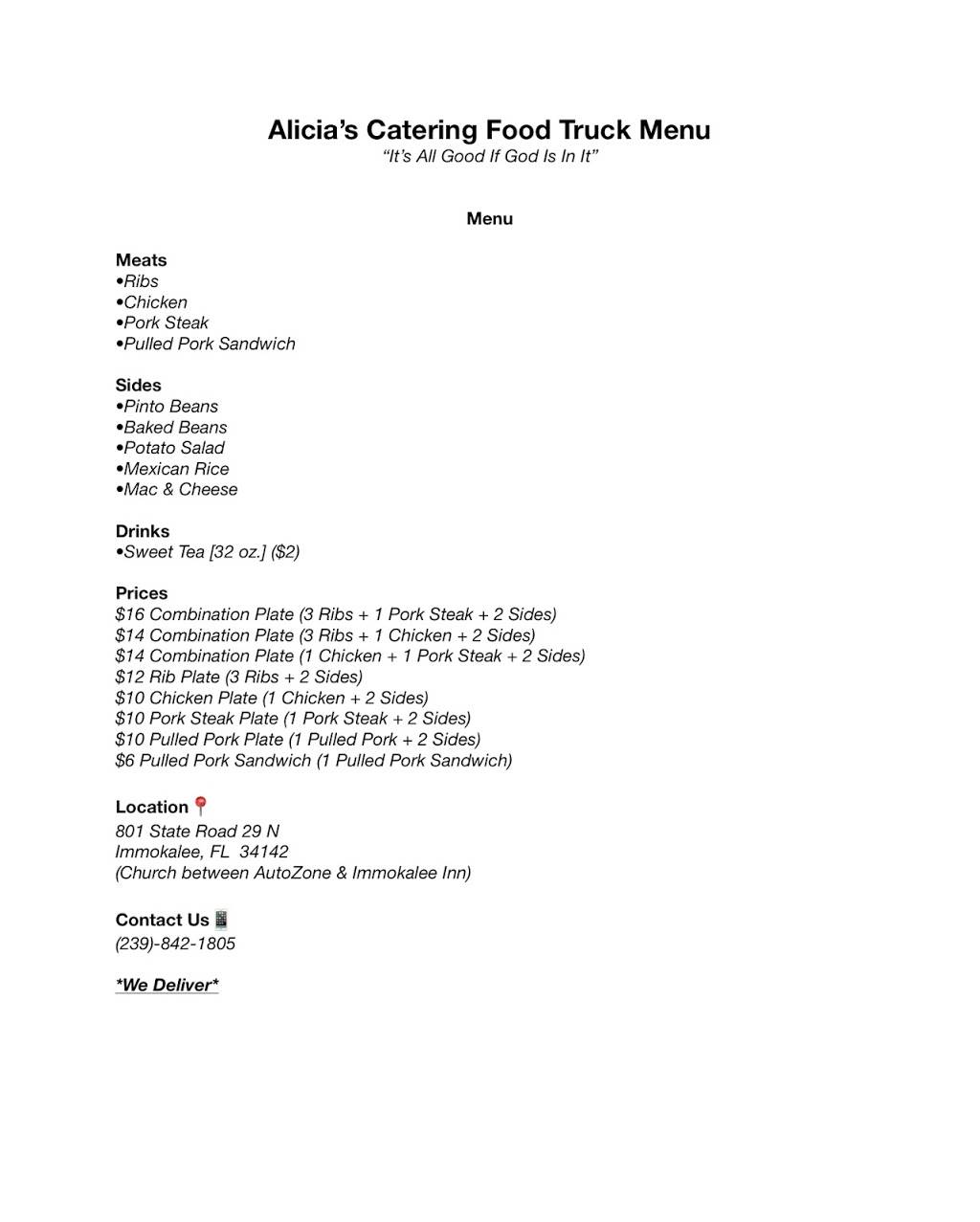 Alicia’s Catering | restaurant | 801 FL-29, Immokalee, FL 34142, USA | 2398421805 OR +1 239-842-1805