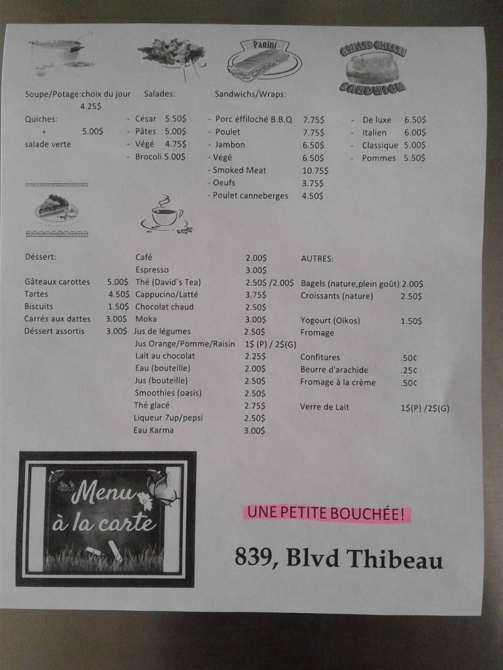 Une Petite Bouchée | restaurant | 839 Boulevard Thibeau, Trois-Rivières, QC G8T 7A8, Canada | 8198525651 OR +1 819-852-5651