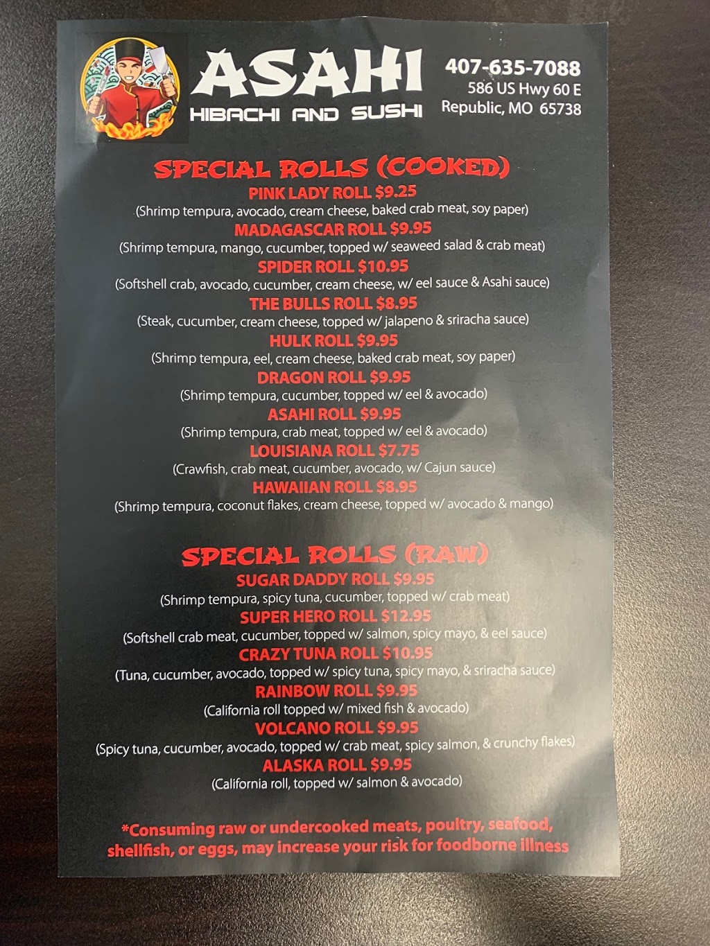 Asahi Hibachi & Sushi | restaurant | 586 US-60, Republic, MO 65738, USA | 4176357088 OR +1 417-635-7088
