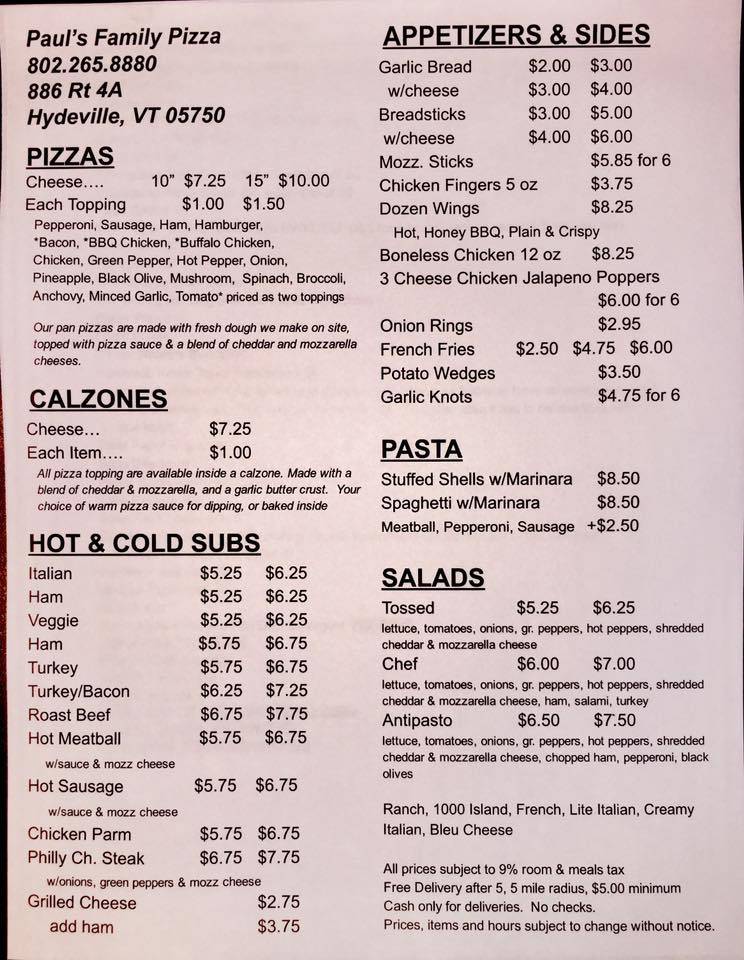 Paul's Pizza | 886 VT-4A, Bomoseen, VT 05732, USA