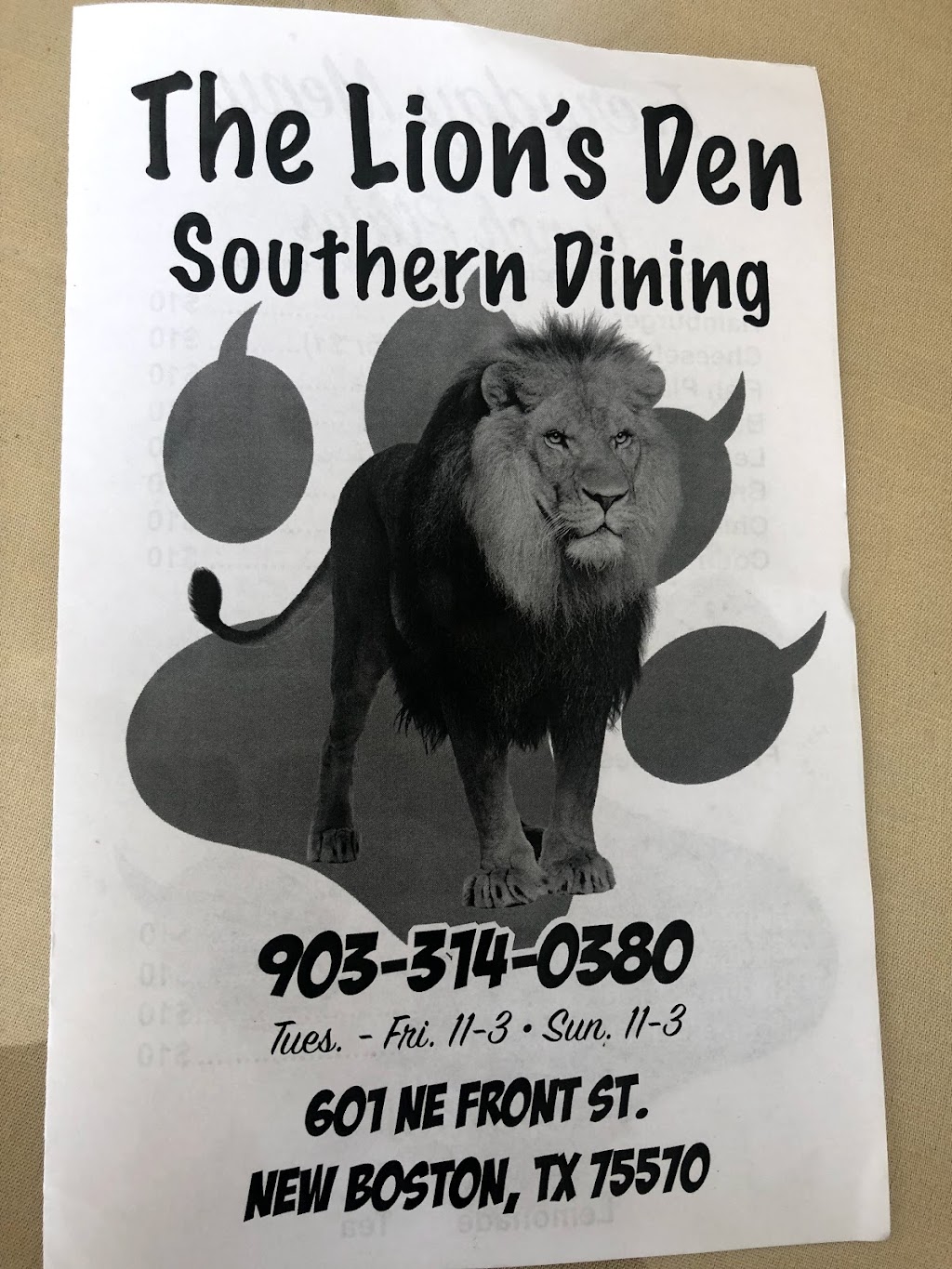 The Lion’s Den Southern Dining | restaurant | 601 NE Front St, New Boston, TX 75570, USA | 9033140380 OR +1 903-314-0380