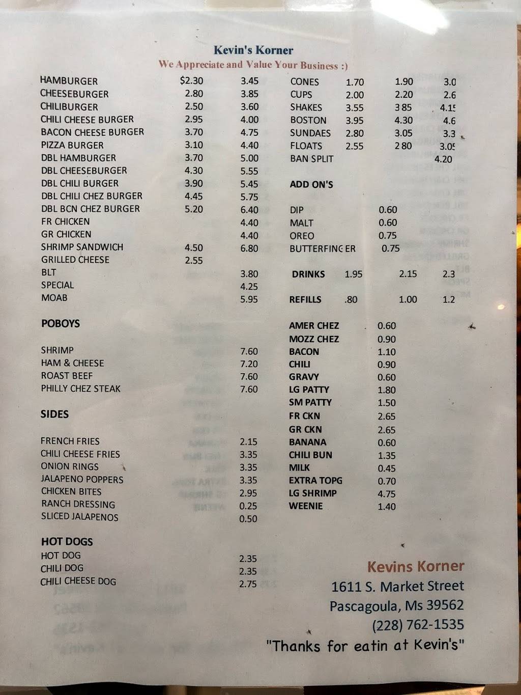 Kevins Korner | restaurant | 1611 Market St, Pascagoula, MS 39567, USA | 2287621535 OR +1 228-762-1535